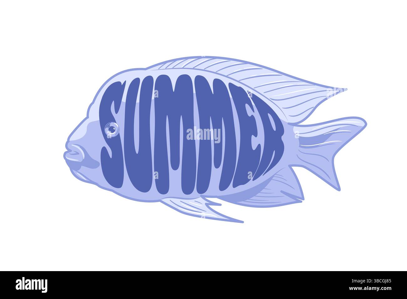 Vektor-Illustration eines stilisierten Fisches mit dem Wort Sommer in seinen Körper integriert, unter Verwendung eines blauen Farbschemas mit weißen Akzenten. Stock Vektor
