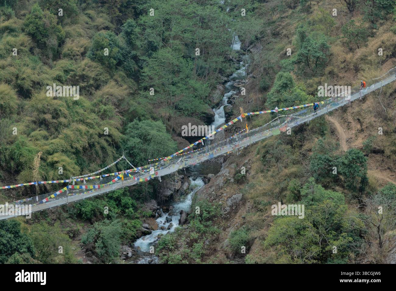 Hängebrücke in der Nähe von Thulo Syabru, Langtang Nationalpark, Nepal Stockfoto