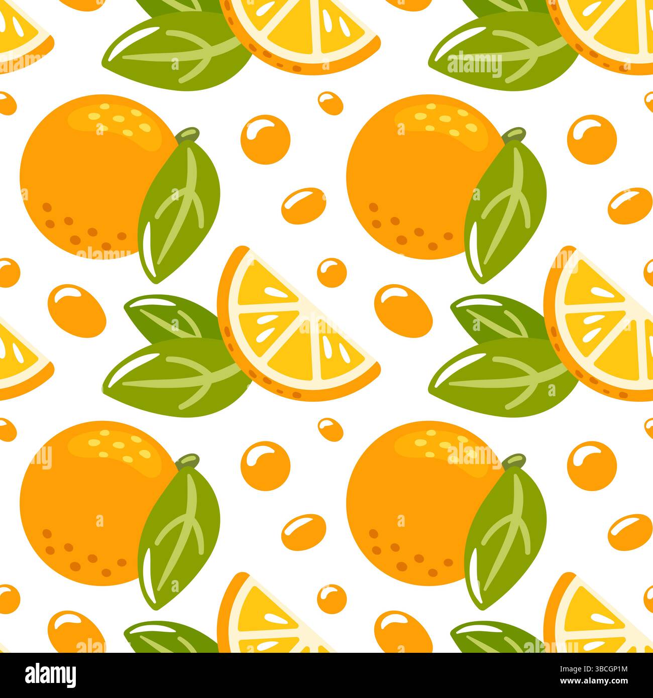 Das nahtlose Vektormuster zeigt leuchtende Orangen vor einem frischen, hellen Hintergrund. Das verspielte Design zeigt ganze Orangen und Scheiben Stock Vektor