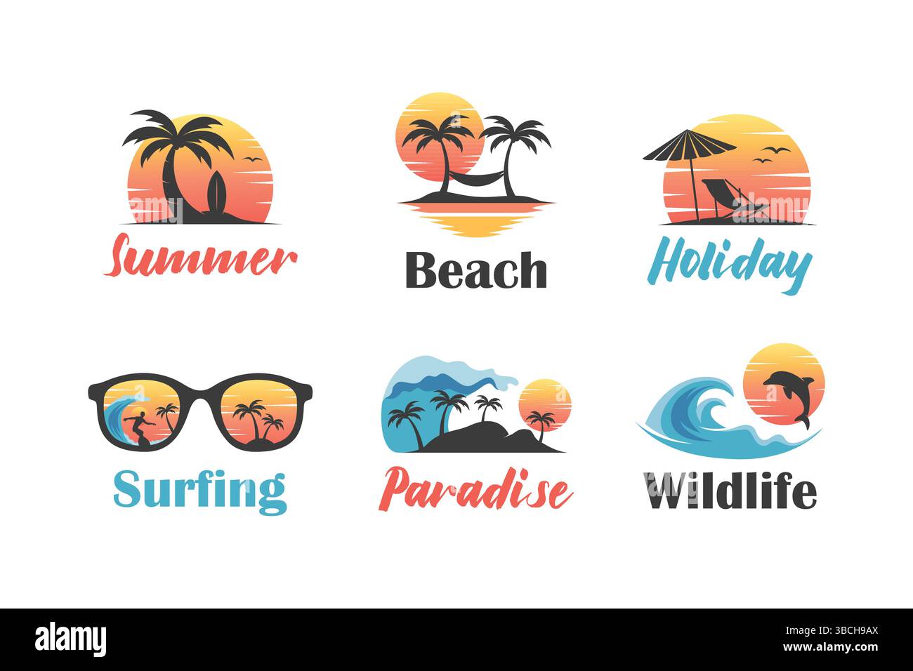 Illustrationen Set mit abstraktem Beach Scenic Logo Stock Vektor