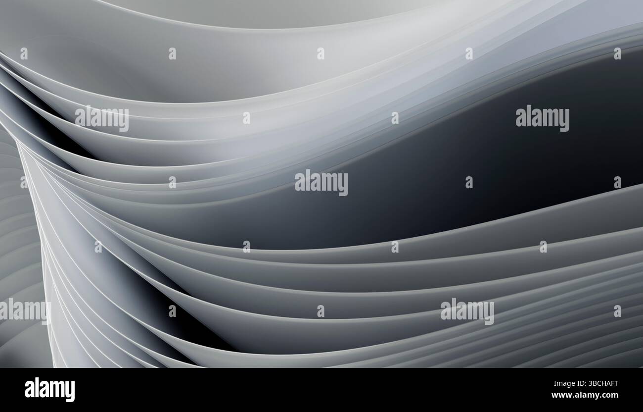 Abstraktes Design aus mehrschichtigen, fließenden Grau- und Weißkurven, die ein dynamisches Wellenmuster erzeugen. Abbildung des Mixers Stockfoto