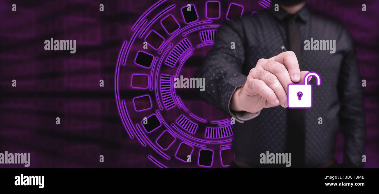 Geschäftsmann, der Schreibstift hält und futuristische Technologie präsentiert Stockfoto