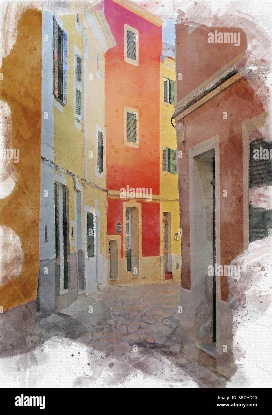 Bild mit Aquarell-Effekt von hell bemalten traditionellen Häusern auf einer ruhigen, leeren Straße mit Kopfsteinpflaster in ciutadella menorca Stockfoto