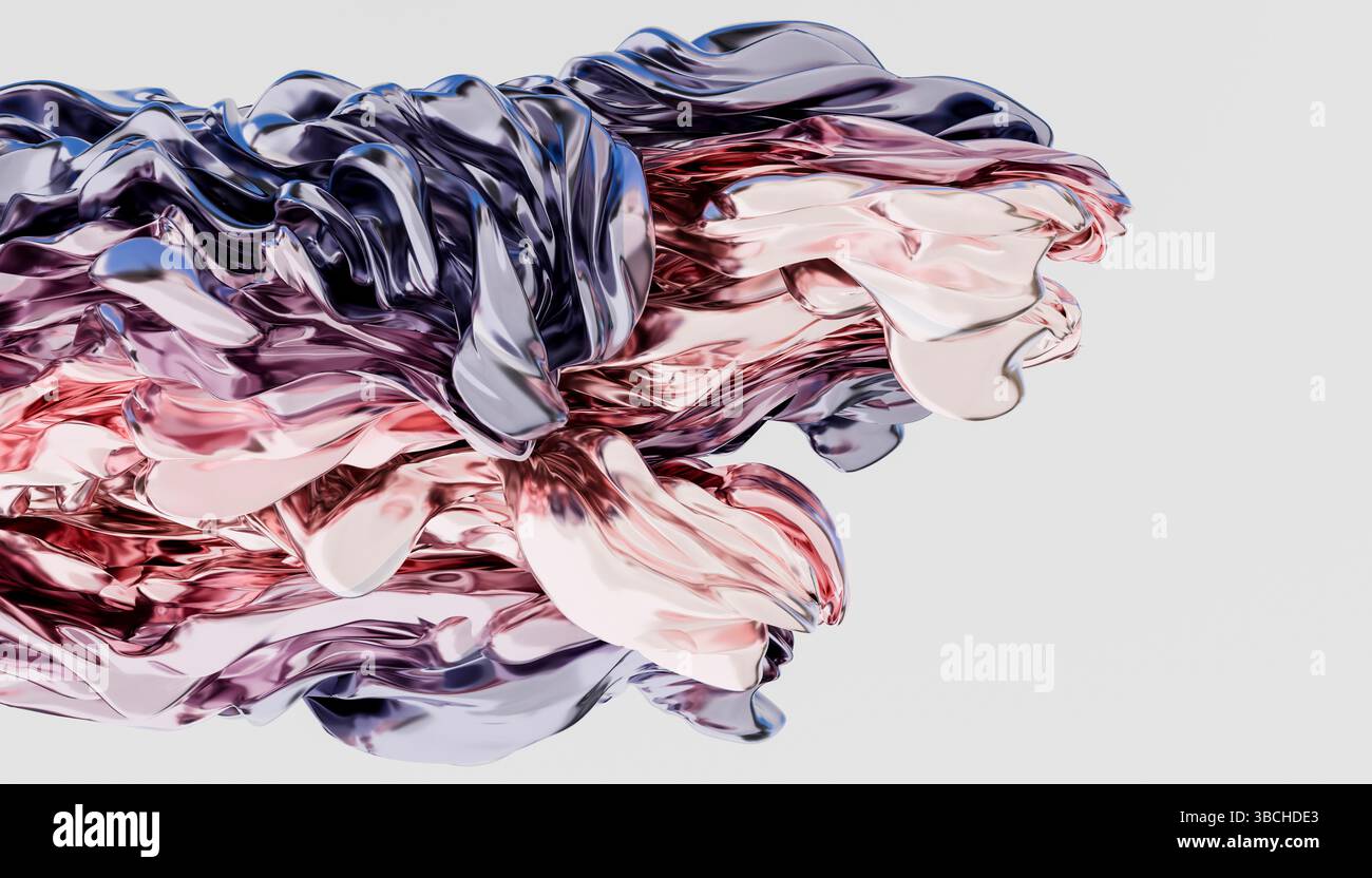 Abstrakte Wirbel von lila, rosa und weißen flüssigen Formen auf grauem Hintergrund. Abbildung, 3D-Rendering der Kombination Stockfoto
