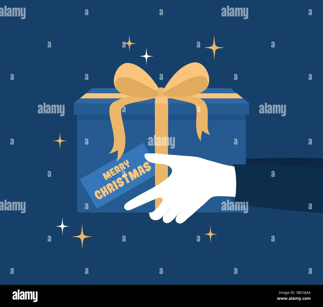 Hände in weißen Handschuhen mit einer Geschenkbox, die mit einem Band gebunden ist, mit einer Frohe Christmas-Karte, Seitenansicht. Illustration des flachen Vektors Stock Vektor