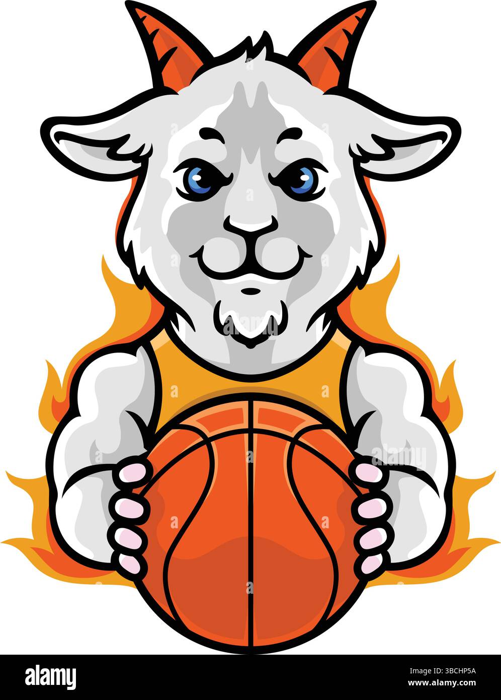 Das Maskottchen der jungen weißen Ziege hält einen Basketball Stock Vektor