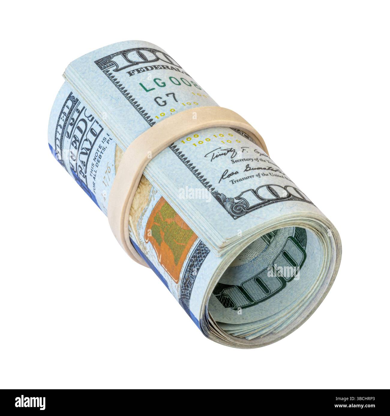 Stapel von Dollarscheine gebunden mit elastischem Band isoliert. Geldkonzept Stockfoto