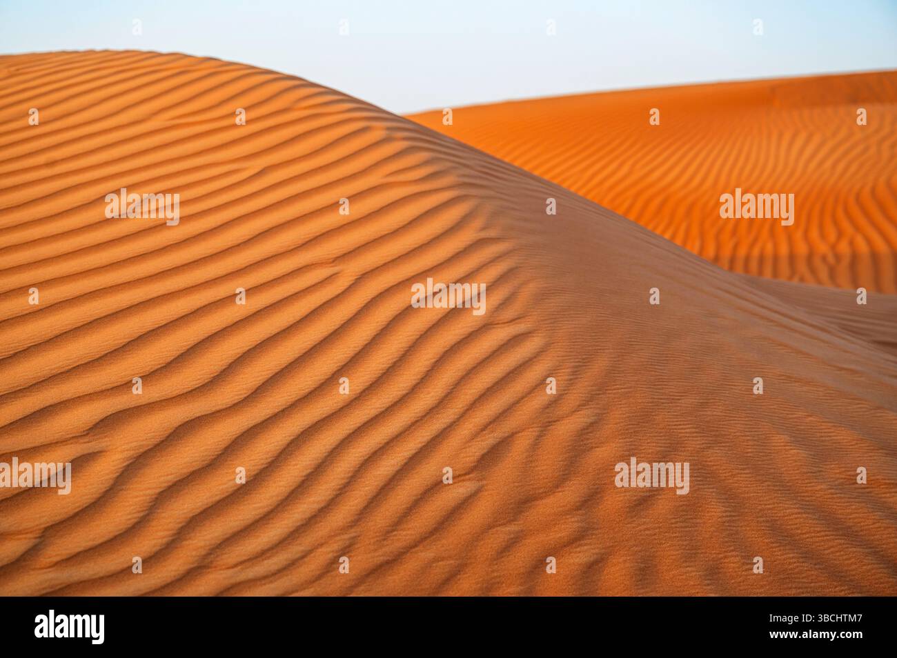Zwei orangefarbene Dünen mit natürlicher Wellenfläche, Ras Al Khaimah, VAE. Stockfoto