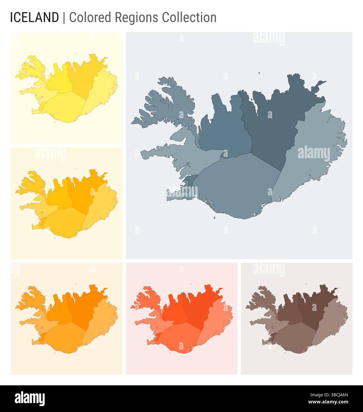 Island Kartensammlung. Länderform mit farbigen Regionen. Blaugrau, Gelb, Bernstein, Orange, Deep Orange, braune Farbpaletten. Stock Vektor