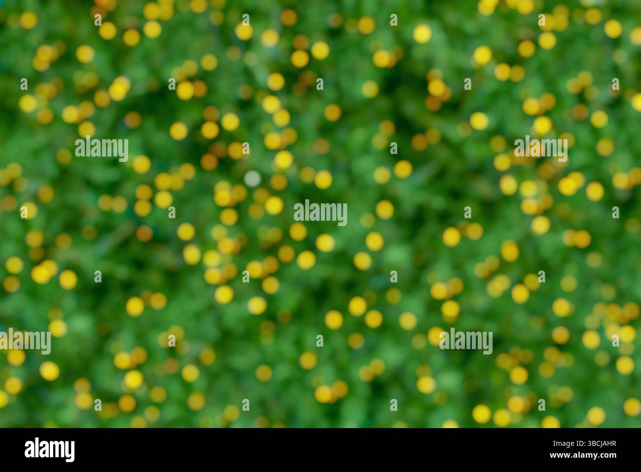 Verschwommener grüner Hintergrund mit gelben Bokeh-Kreisen Stockfoto