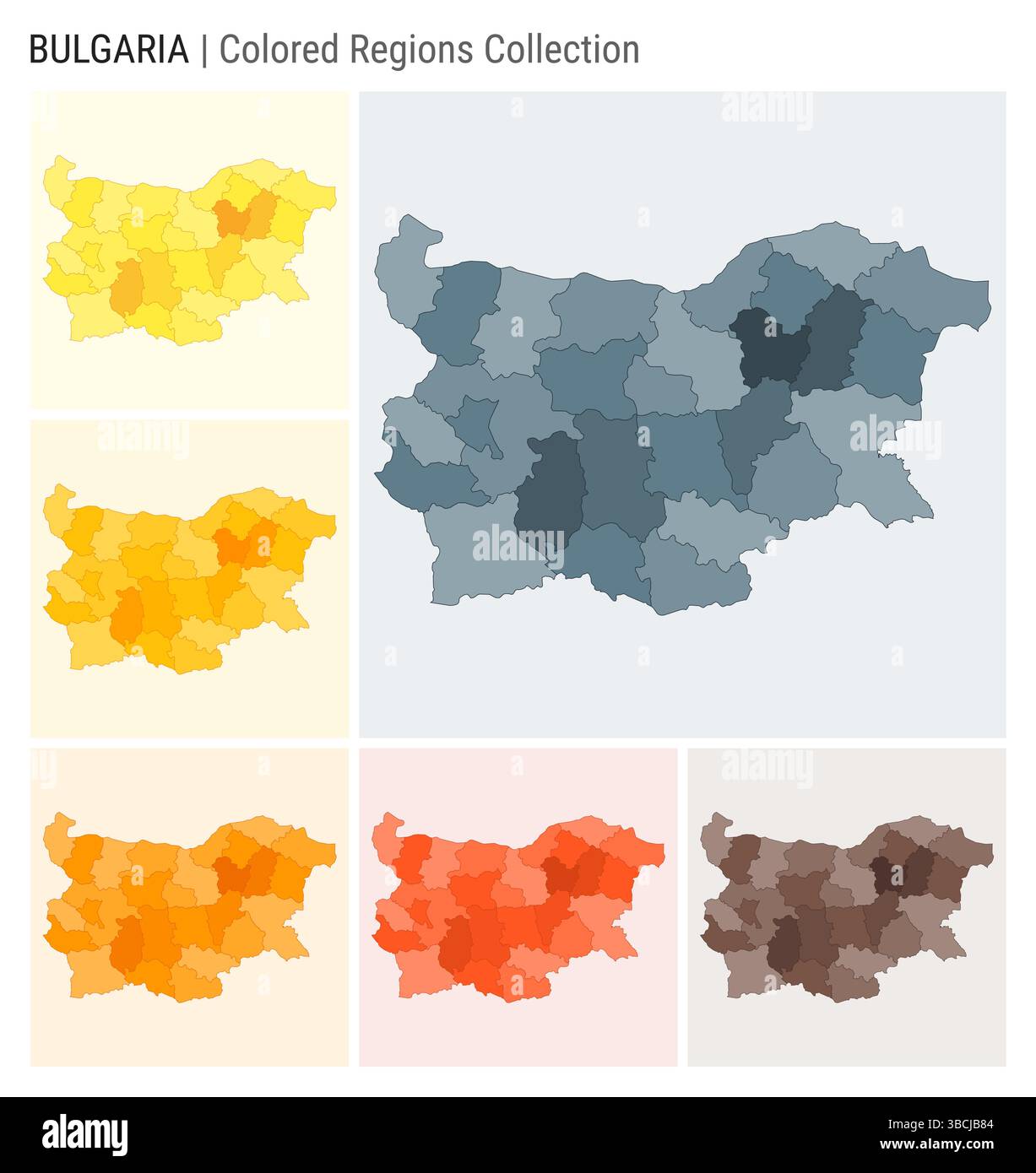 Kartensammlung Bulgarien. Länderform mit farbigen Regionen. Blaugrau, Gelb, Bernstein, Orange, Deep Orange, braune Farbpaletten. Stock Vektor