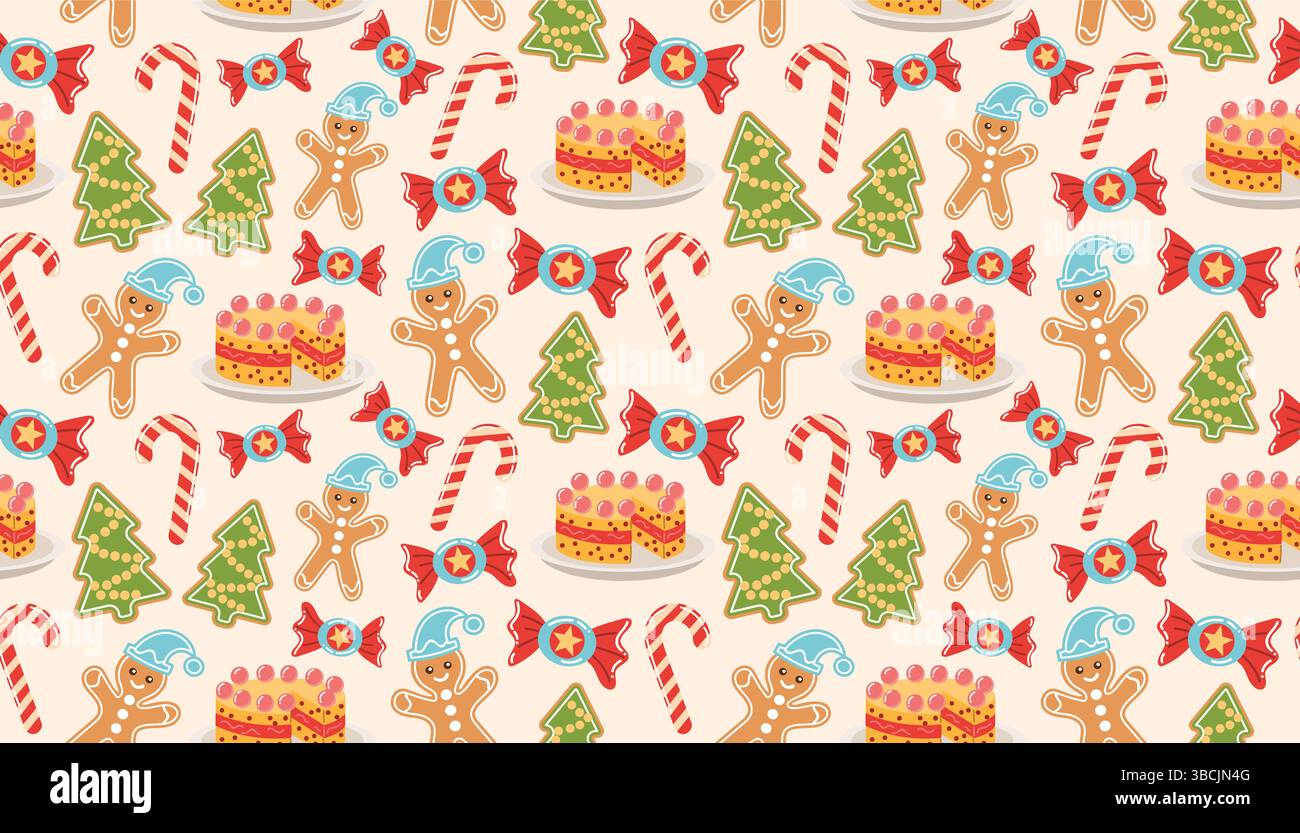 Farbenfrohes, nahtloses Muster im flachen Stil mit süßen Weihnachtselementen – Kuchen, Lebkuchen, Süßigkeiten und Zuckerstangen. Ideal für saisonale Designs, festliche cr Stock Vektor