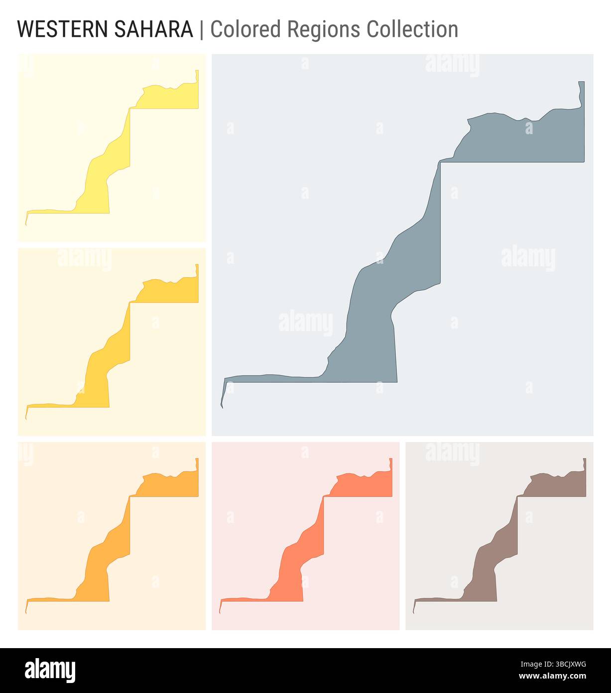 Westsahara-Kartensammlung. Länderform mit farbigen Regionen. Blau, Grau, Gelb, Bernstein, Orange, Farbpaletten in tiefem Orange und Braun. Stock Vektor