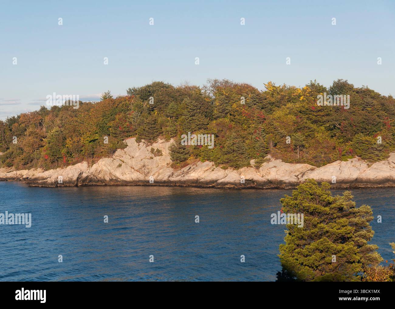 Die felsige Landschaft im Fort Wetherill State Park in Jamestown Rhode Island an sonnigen Tagen. Stockfoto