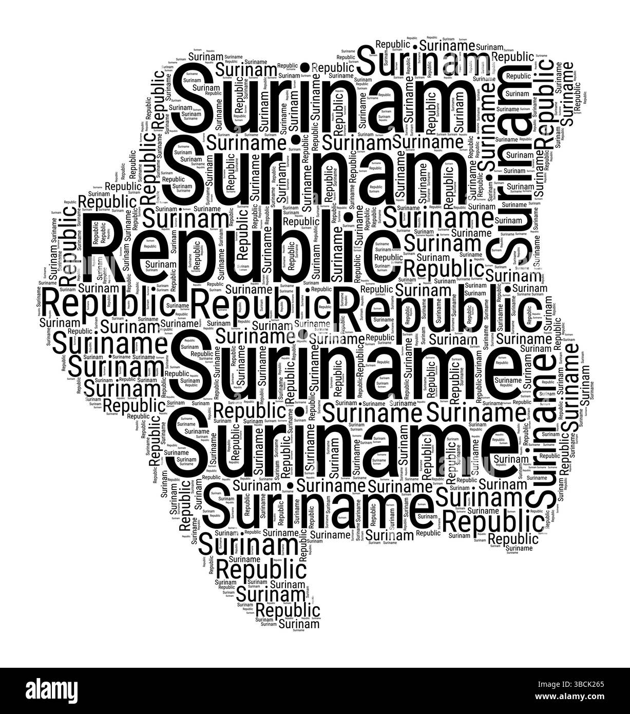 Schwarz-weiße Wortwolke in Suriname-Form. Einfache typografische Darstellung des Landes. Schwarze Wolke aus Suriname auf weißem Hintergrund. Stock Vektor