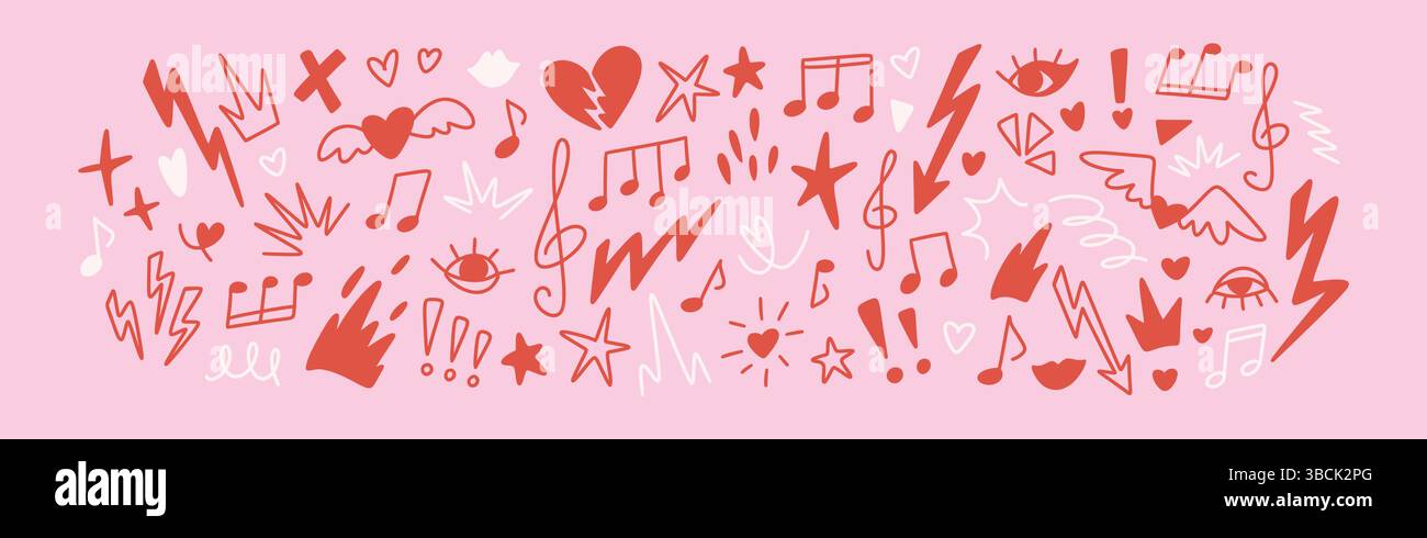 Handgezeichnetes Girly Music Grunge-Design. EMO Goth Doodle Punk Rock Hintergrund. Pinkfarbenes feminines Melodiekonzept. Noten, Schlüssel, Pfeil, Stern, Herzform graffi Stock Vektor
