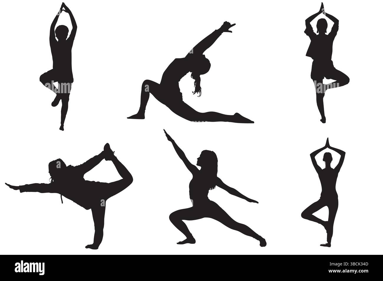 Silhouette Set von Frauen, die verschiedene Yoga-Posen auf weißem Hintergrund üben Stock Vektor