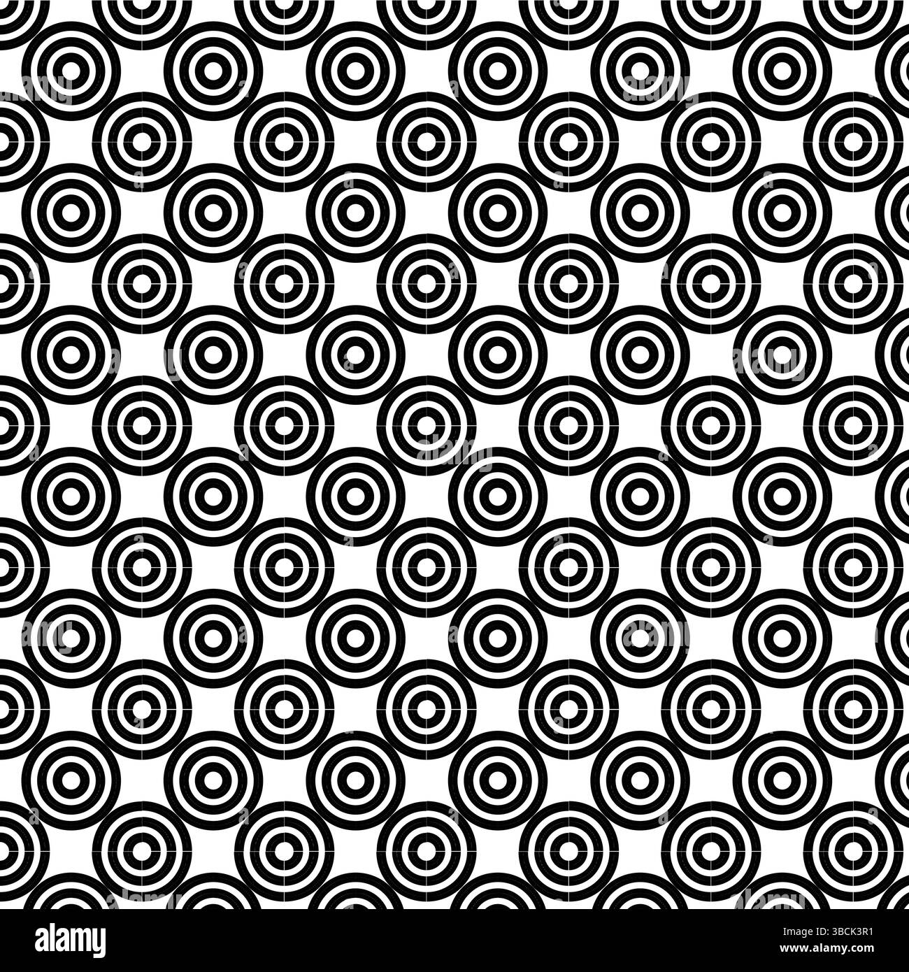 Abstraktes nahtloses Muster konzentrischer Kreise in Schwarz-weiß, moderner geometrischer optischer Kunsthintergrund mit sich wiederholenden Kreisen. Stock Vektor