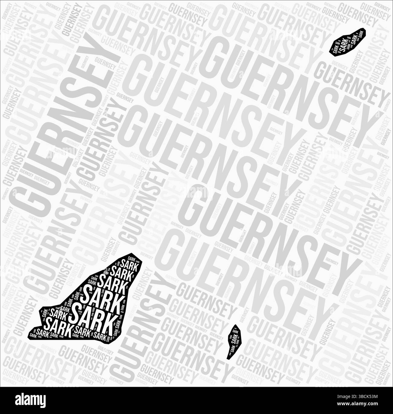 Guernsey Regionen Karte Wortwolke. Namen der Region Guernsey. Schwarz-weiß-Kartendesign. Moderne Vektorillustration. Stock Vektor