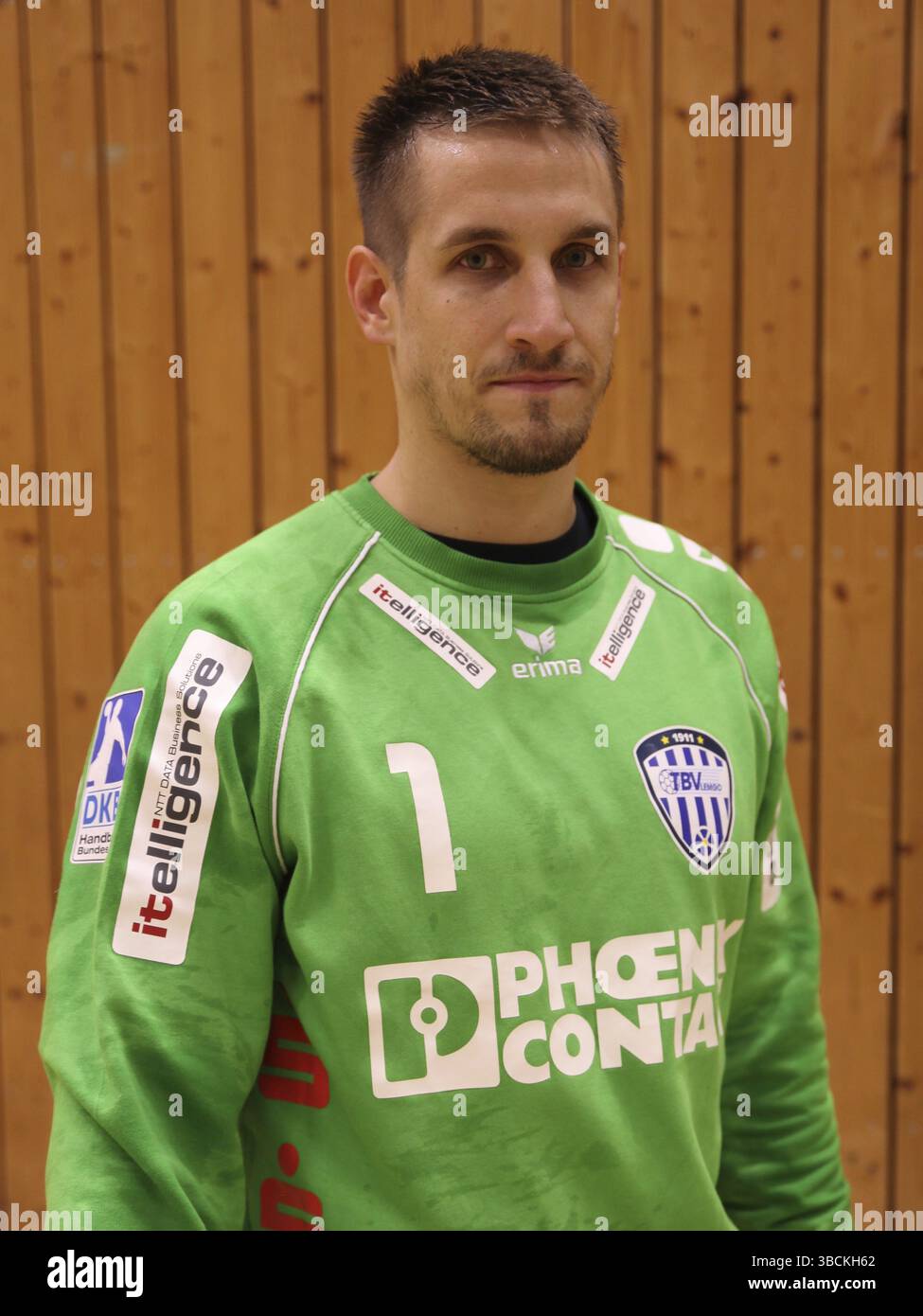 Österreichischer Handballtorwart Thomas Bauer TBV Lemgo DHB DKB Handball Bundesliga Saison 2014-15, österreichischer Handballtorwart Thomas Bauer TBV Lemgo DH Stockfoto