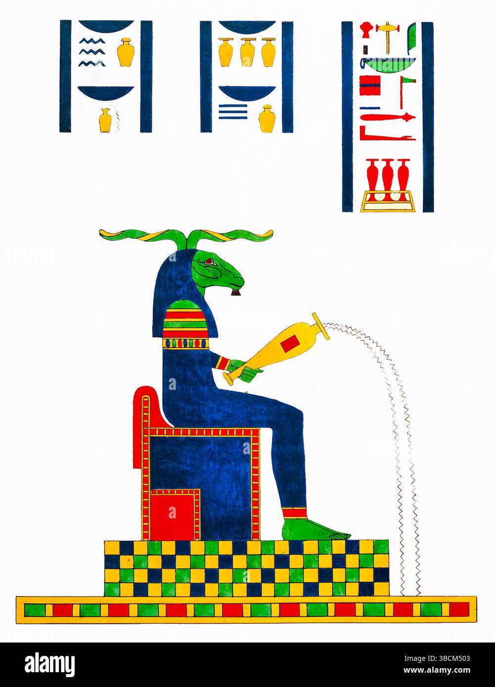 Illustration von Khnum, ägyptischer Gott der Schöpfung und des Wassers, aus Pantheon Egypt von Dubois, Frankreich des 19. Jahrhunderts. Detaillierte mythologische Gravur. Stockfoto