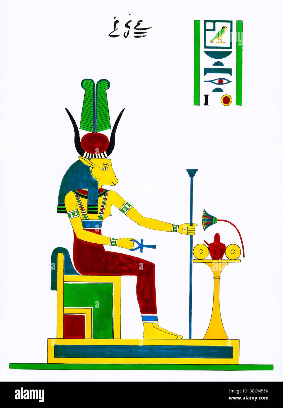 Illustration von Hathor, ägyptischer Göttin der Liebe und Musik, aus Pantheon Egypt von Dubois, Frankreich des 19. Jahrhunderts. Detaillierte mythologische Gravur. Stockfoto