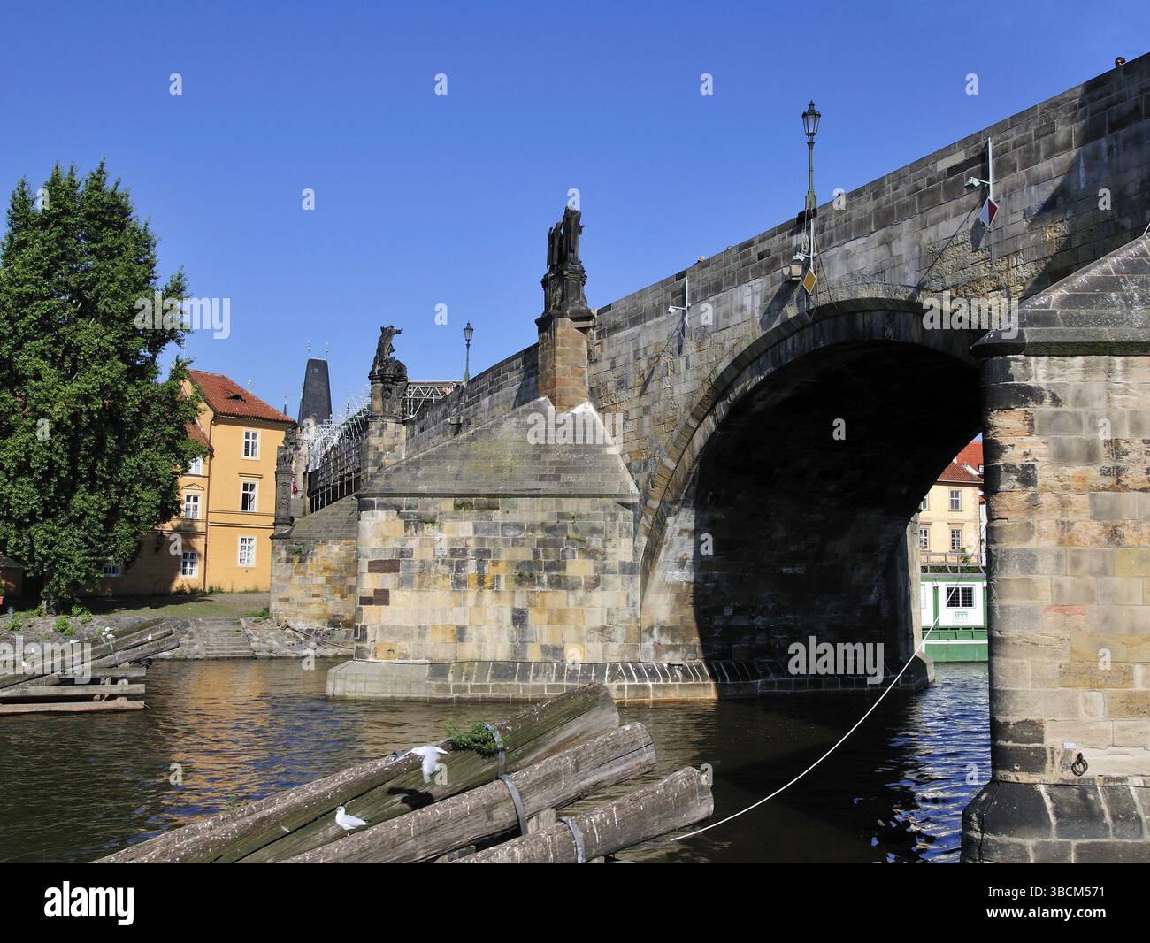 Karlsbrücke von der Moldau aus gesehen. Die Karlsbrücke ist eine historisch bedeutsame Brücke über die Moldau in Prag, die im 14. Jahrhundert erbaut wurde Stockfoto