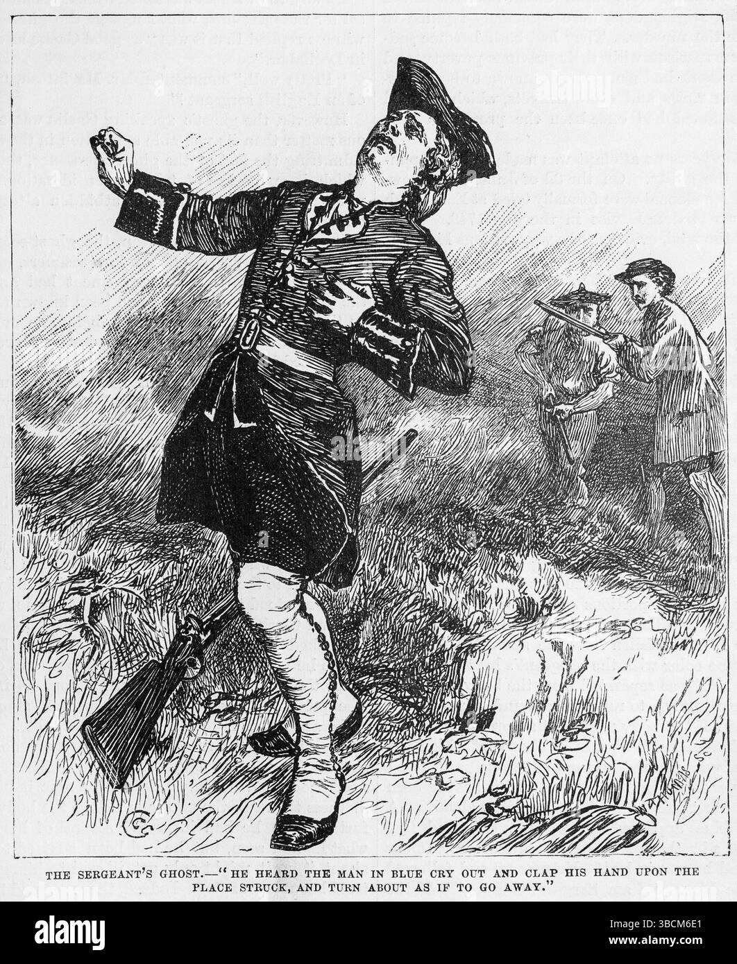 Der Geist des Sergeants - "Er hörte den Mann in Blau schreien und seine Hand auf den Ort klatschen, schlug und drehte sich um, als wolle er weggehen." Zeigt den Tod von Sergeant Arthur Davies im Jahr 1749. Der Geist von Davies wurde später behauptet, dass er in Glenshee, Schottland, in seinem Todesgebiet gesehen worden war. Illustration aus dem 19. Jahrhundert von Frank Leslie's Popular Monthly Stockfoto