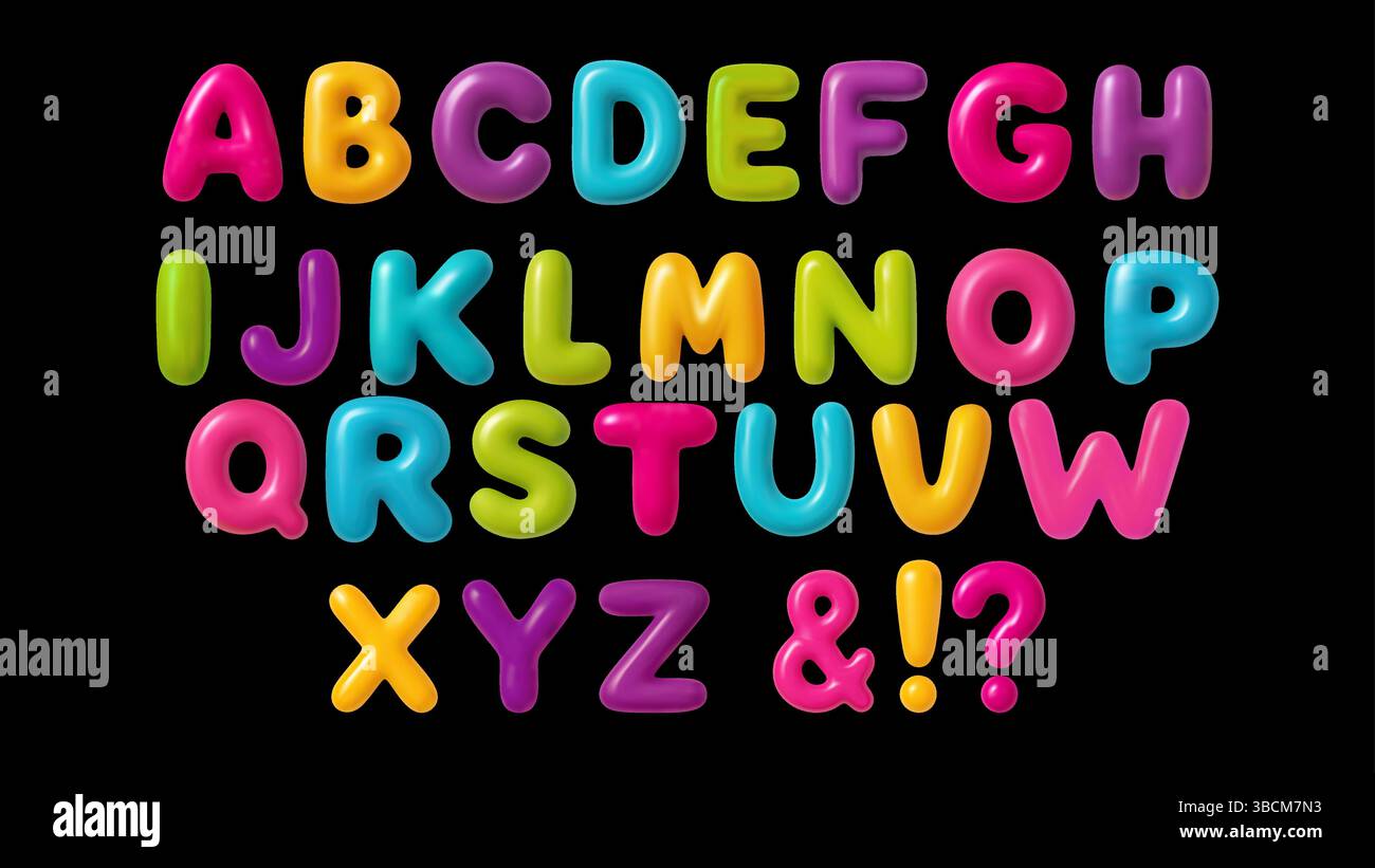 3D Schriftart Buchstabe Ballon Alphabet ABC Text Bubble Typografie für Geburtstag und Party Vektor Cartoon Spaß Pop Glossy Schriftart Stock Vektor