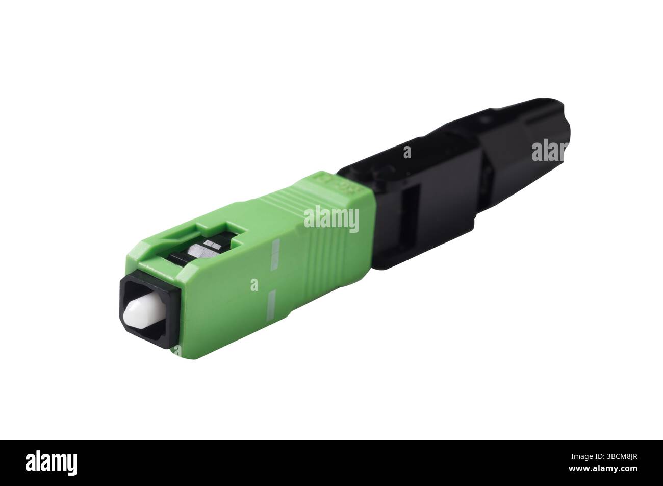 Grüner Glasfaserkabel-Steckverbinder auf weißem Hintergrund Stockfoto Grüner Glasfaserkabel-Steckverbinder auf weißem Hintergrund Stockfoto