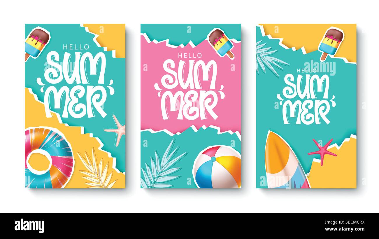 Sommer-Poster-Set-Design. Hallo Sommer Grußtext mit Sommer Vektor Element in bunten abstrakten Hintergrund. Vektorabbildung. Stock Vektor