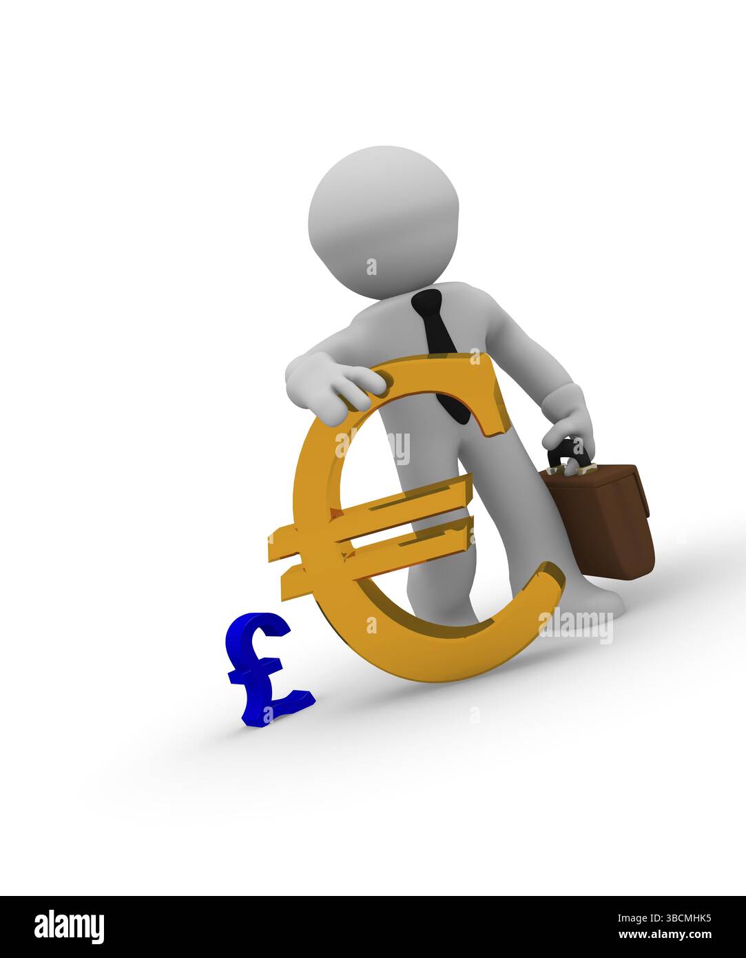 Geschäftsmann mit einer großen goldenen Euro-Zeichen und eine kleine blaue Pfund-Symbol auf weiß Stockfoto