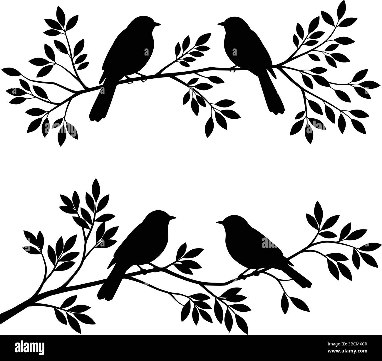 Vogelsilhouetten auf Baumzweigen mit Blättern Stock Vektor
