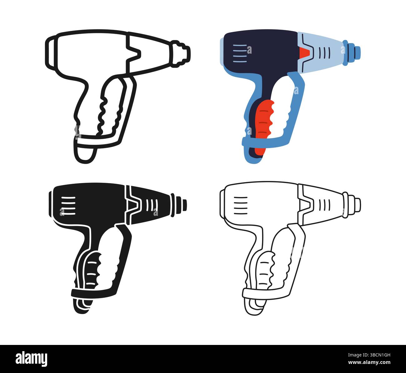 Symbolsatz elektrischer Haartrockner für den Bau. Modernes Reparaturwerkzeug Heißpistole für Bauherren, Hausrenovierung. Leistungsstarkes Haarfön Werkzeugbau Zeichen professionelle stilisierte Karikaturvektor Illustration Stock Vektor