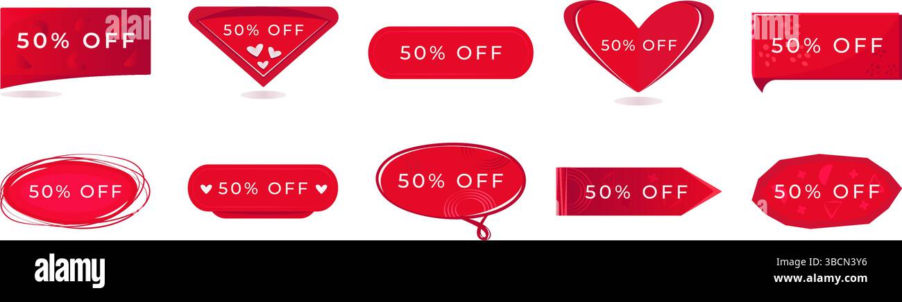 Rotes Rabattbanner mit weißem Text, 50 % Rabatt auf Gutscheine zur Steigerung des Umsatzes auf Ihrer Website, Farbverlaufsknöpfe in verschiedenen Formen, Vektorfarbgrafik Stock Vektor