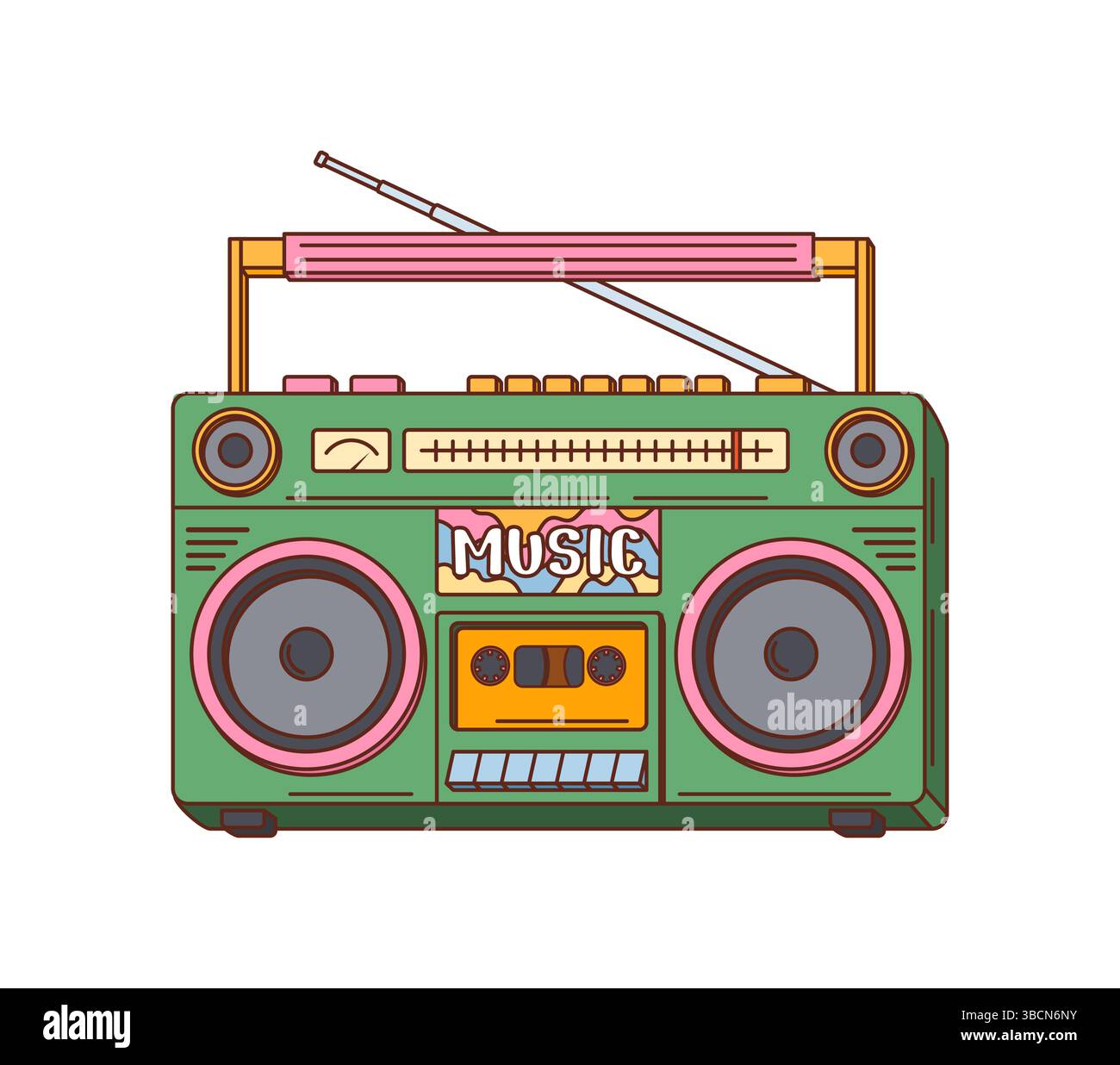 Cartoon-groovige y2k-Retro-Boombox. Vector funky Stereo mit Lautsprechern, Kassettendeck, Tasten und Antenne, verströmt nostalgische Musik-Vibes, lustige Energie und Vintage-Charme für Disco, Party oder Hip Hop Stock Vektor