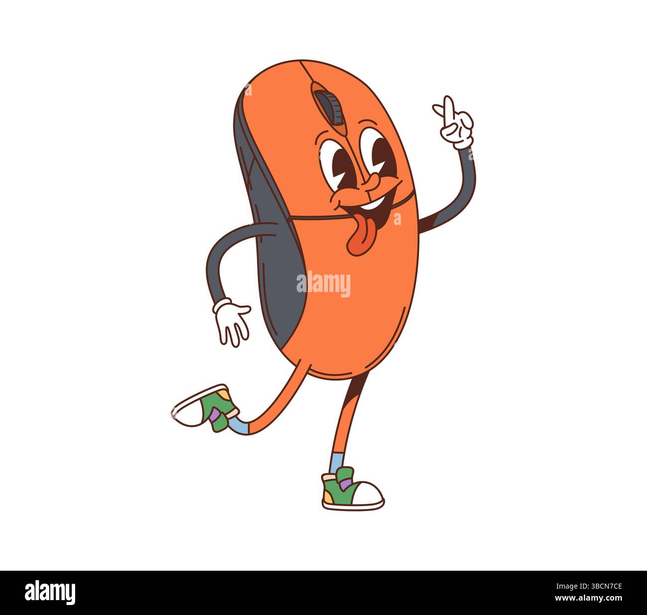 Cartoon-groovige Computermaus-Figur mit ausdrucksstarken Augen, einem breiten Lächeln und einer verspielten Pose. Isolierte Vektor-pc-Gerätetechnologie Retro-Persönlichkeit mit Hippie-Sneakers, die freundliche y2k-Vibe ausstrahlen Stock Vektor