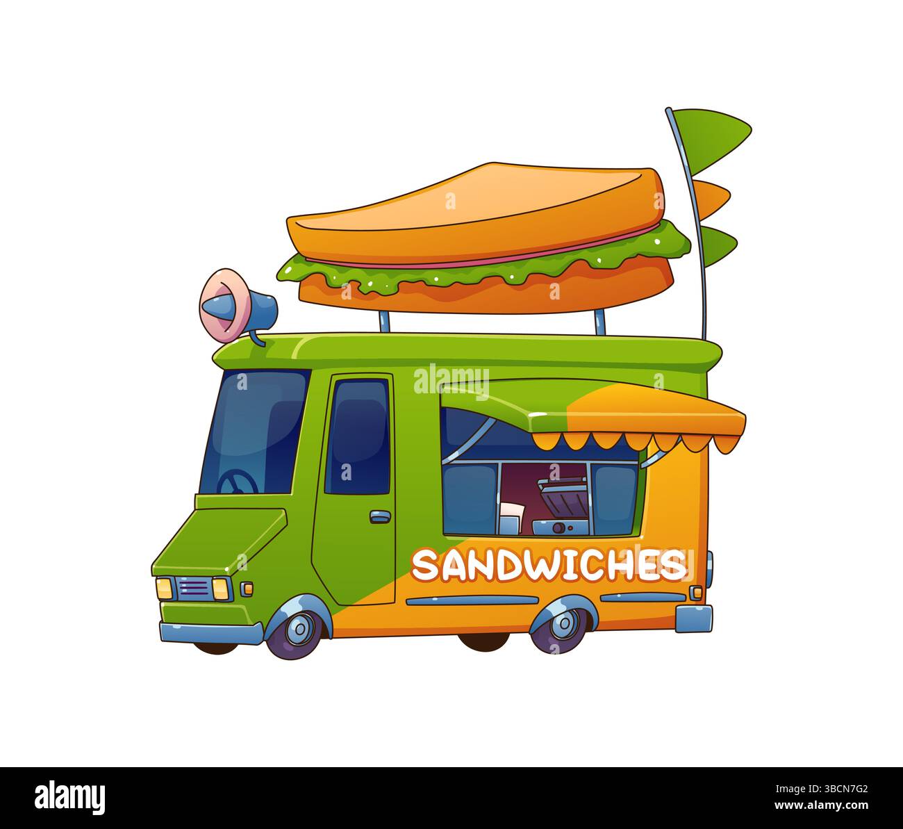 Food Truck Auto oder Street Festival Van mit Sandwiches, Vektor Cartoon Mobile Cafe. Street Food Truck oder Stand Kiosk mit Sandwichschild auf dem Dach, Fast Food-Lieferwagen oder Einkaufswagen mit Megaphon Stock Vektor