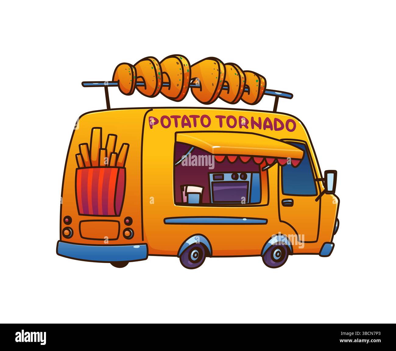 Kartoffeltornado Food Truck Auto, Festival Street Food Truck Van. Gelbes Cartoon-Retro-Café mit Rädern und einem riesigen Spiral-Pommes-Spieß oben. Der Vector Fahrzeugstand verfügt über einen offenen Kochbereich und eine Markise Stock Vektor