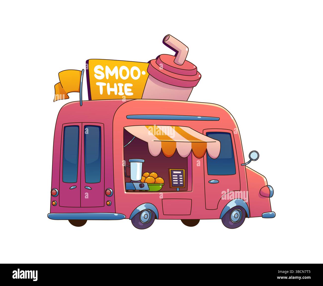 Cartoon Smoothie Food Truck Car, Festival Street Foodtruck Van mit rosafarbenem Äußeren, einem großen Smoothie Becher oben, orange gestreiften Markise und Servierfenster mit frischem Obst, Menü und Mixer Stock Vektor