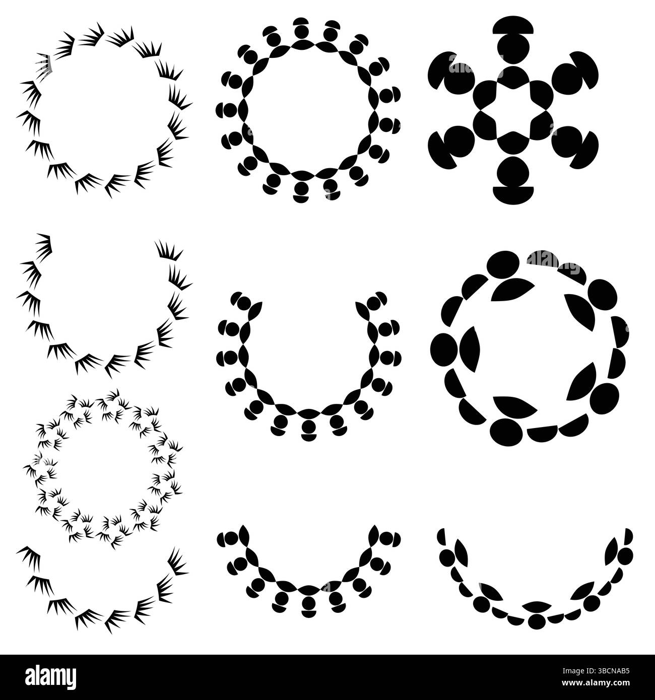Schwarzes monochromes Circle Vector Set mit Pfeilen, Tropfen und geometrischen Elementen für moderne, kantige und abstrakte Grafikdesigns Stock Vektor