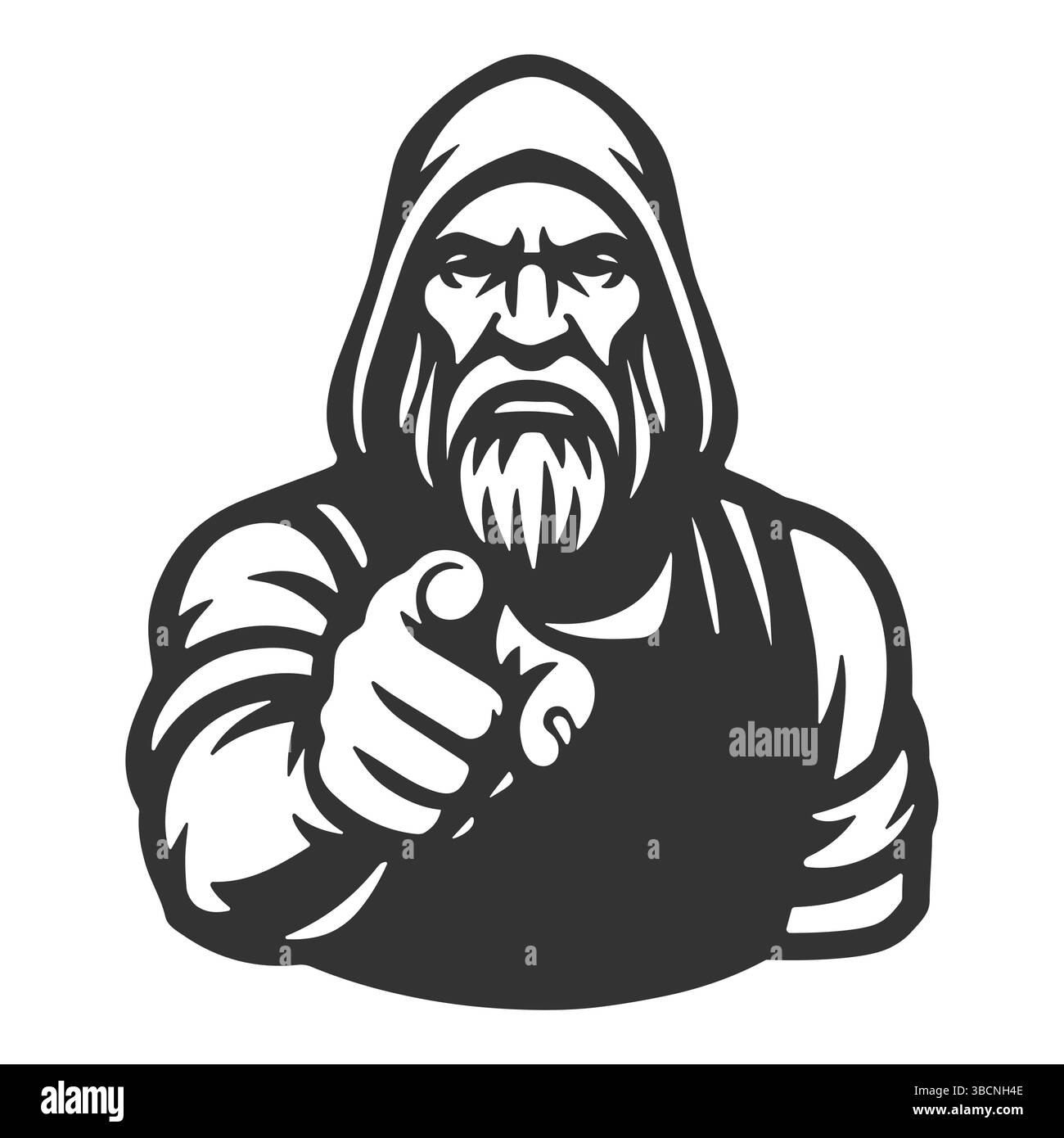 Wikinger-Krieger, der direkt auf den Zuschauer zeigt, inspiriert von klassischen Rekrutierungspostern. Die bärtige Figur trägt eine Kapuze und strahlt Kraft aus, Autorität Stock Vektor