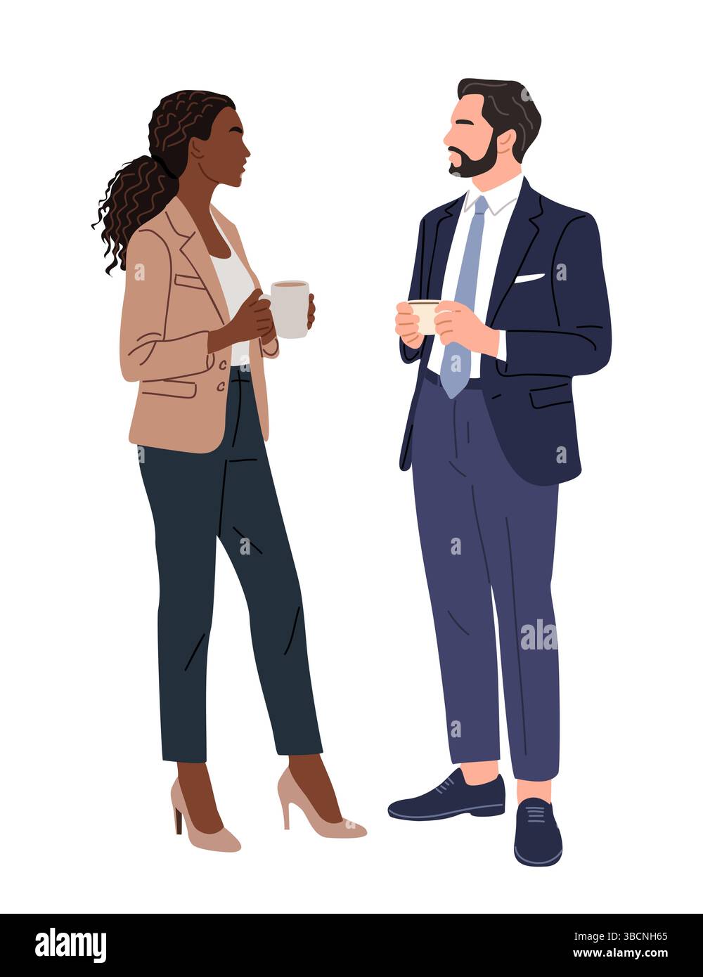 Mann und Frau in Anzügen, die mit Kaffeetassen stehen Stock Vektor