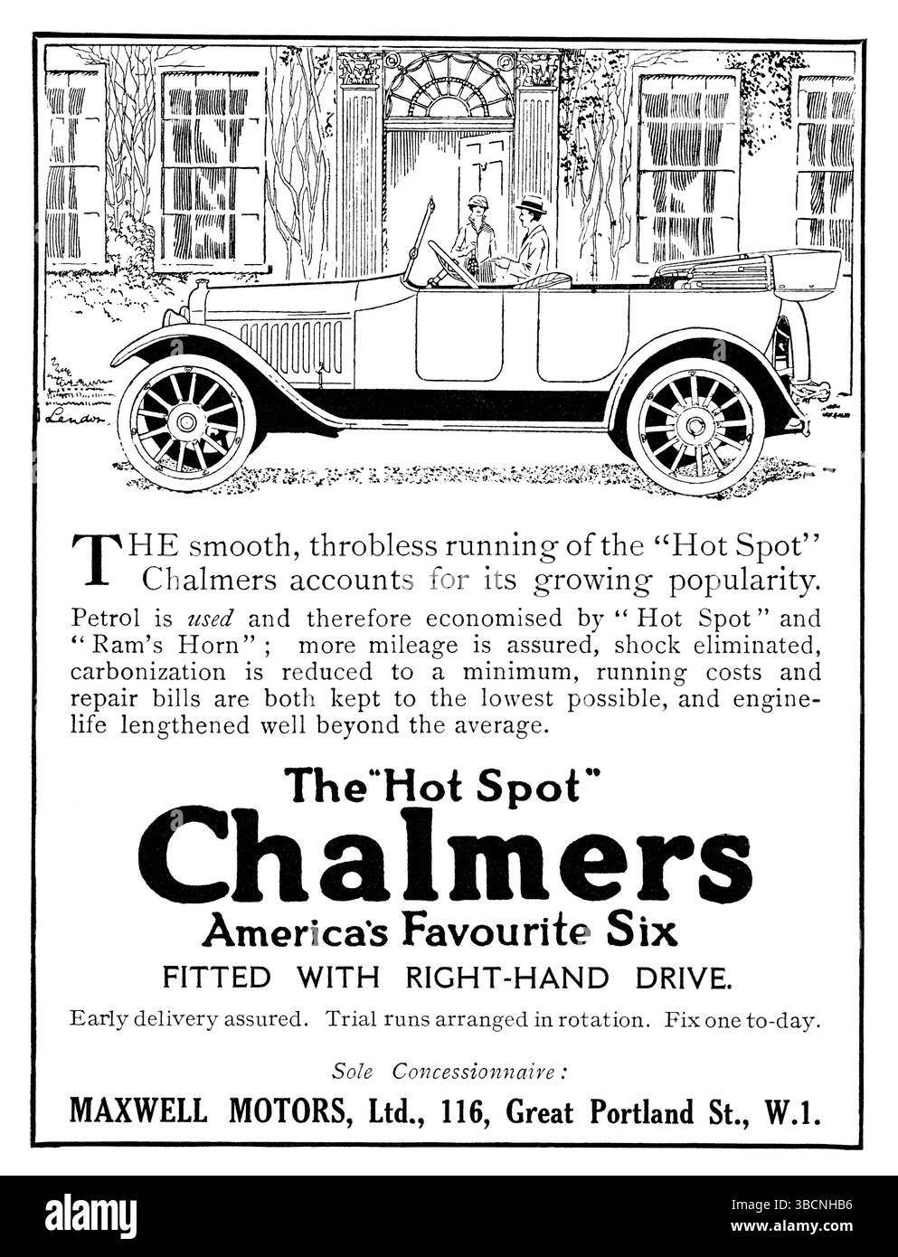 1920 britische Werbung für den amerikanischen Chalmers Sechszylindermotor, umgebaut auf Rechtslenkung für den britischen Markt. Stockfoto
