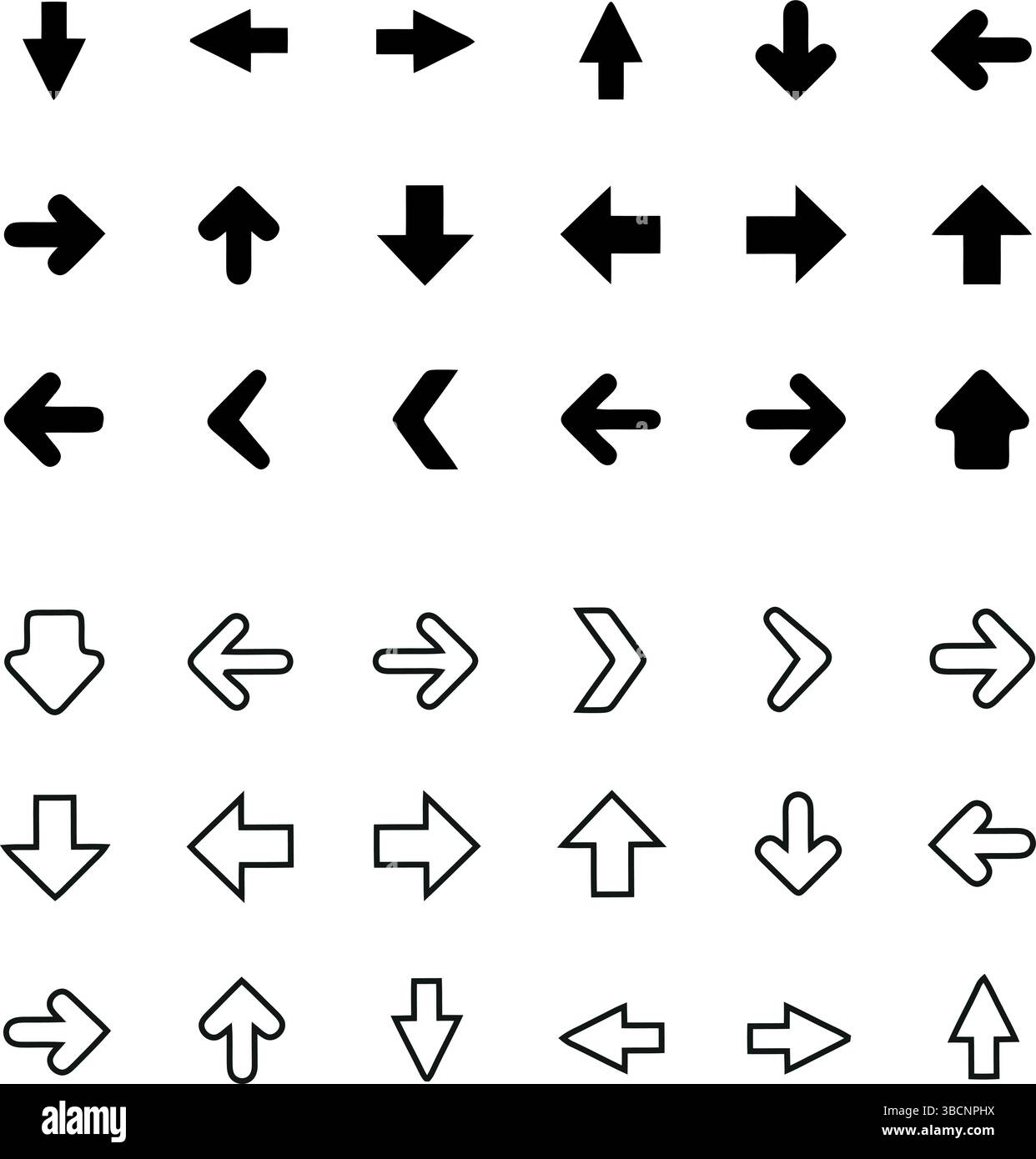 Pfeile Symbole gesetzt, moderne, einfache flache schwarze Vektorzeiger-Zeichen. Pfeilsymbolgruppe für Schaltflächen für Vorwärts-Klick, Pfeilnavigation im Webdesign und Elemente Stock Vektor