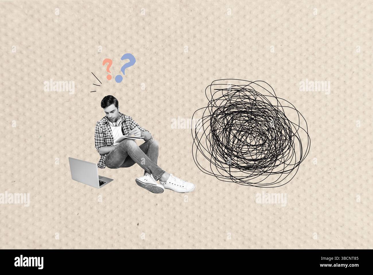 Bild 3d zine vollständige Collage von überwältigten Guy Sit Fragezeichen Kontemplation Idee finden Scribble Kritzelei Entscheidungsstrategie Stockfoto