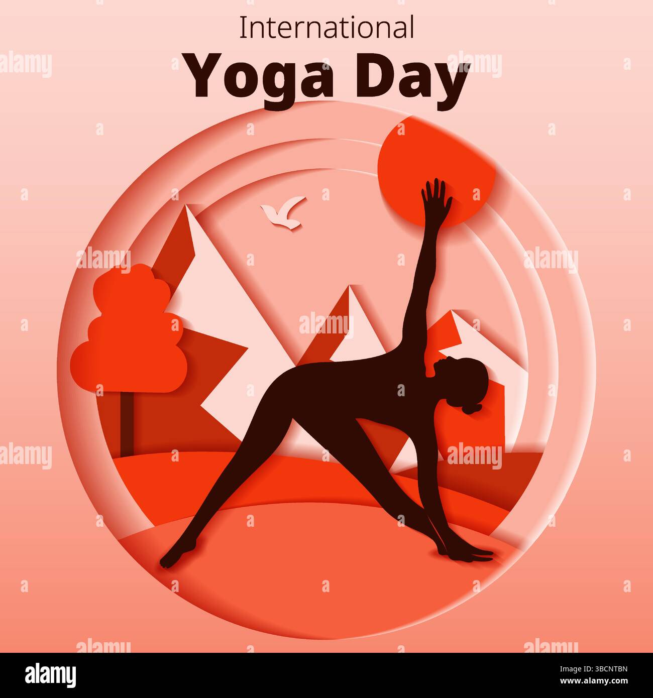 Internationaler Yoga-Tag. Quadratische Schablone. Trikonasana-Pose. Dreiecksposition. Papierschnitt. Isolierte Vektordarstellung Stock Vektor