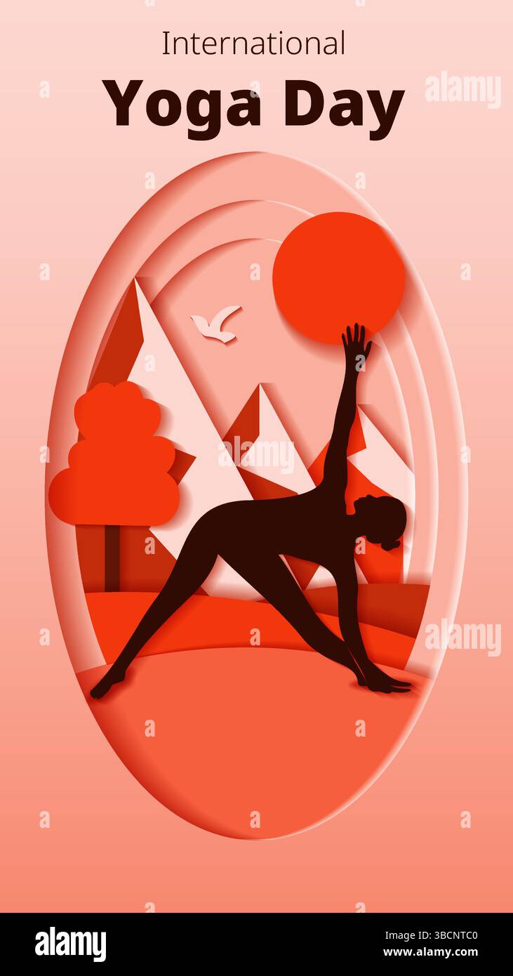 Internationaler Yoga-Tag. Vertikale Vorlage. Trikonasana-Pose. Dreiecksposition. Papierschnitt. Isolierte Vektordarstellung Stock Vektor
