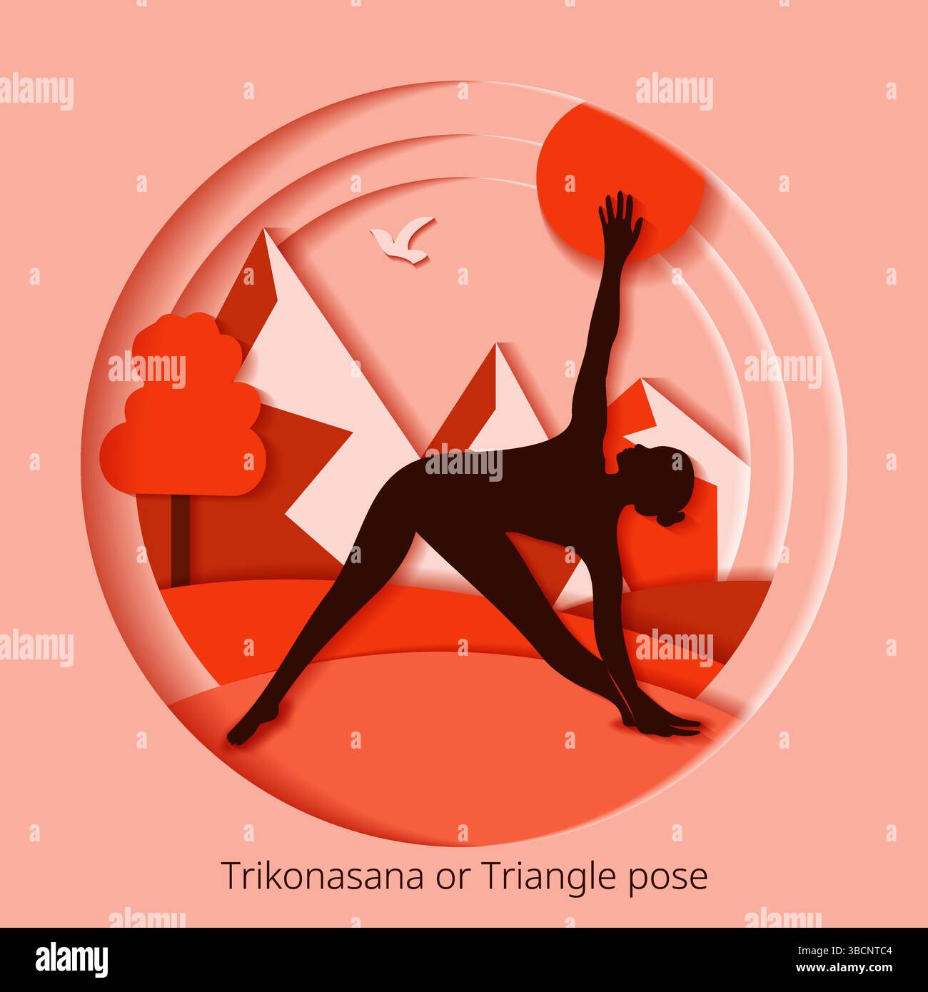 Internationaler Yoga-Tag. Trikonasana-Pose. Dreiecksposition. Papierschnitt. Isolierte Vektordarstellung. Stock Vektor