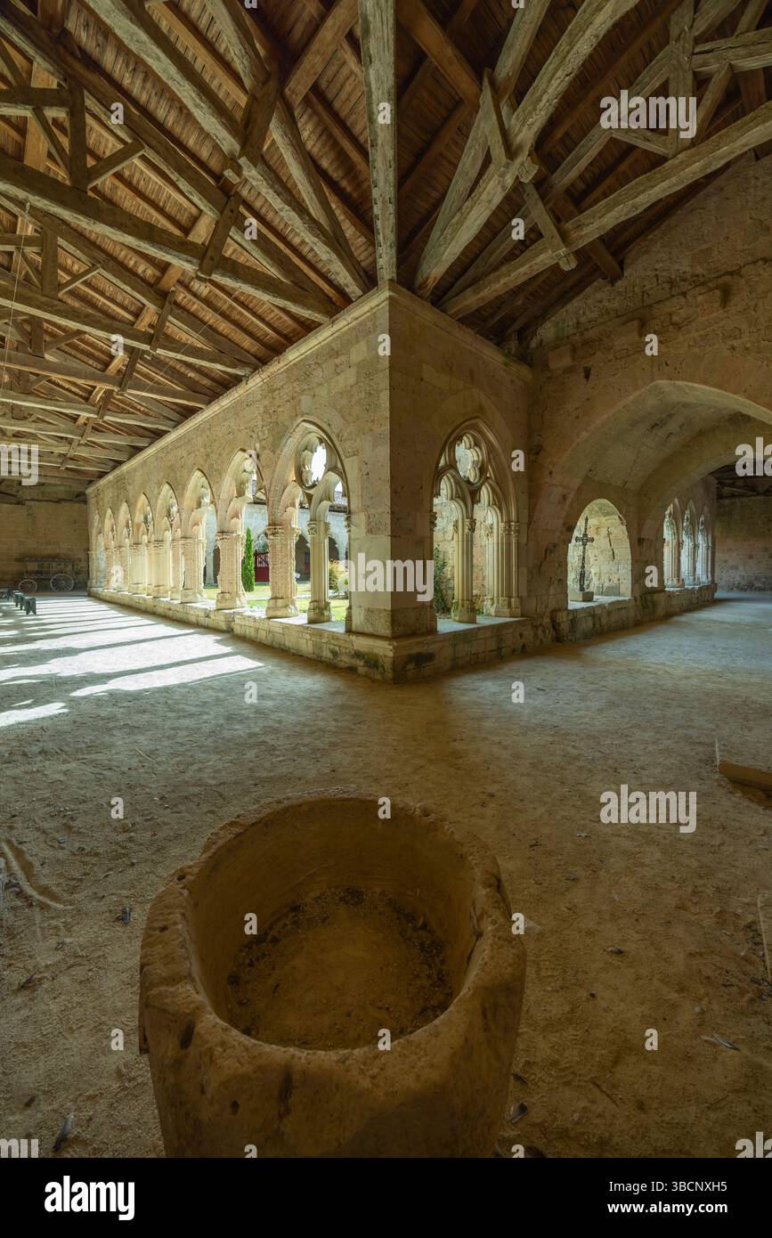 Sonnenlicht beleuchtet Kreuzgang und Steinbecken der Stiftskirche Saint Pierre in La Romieu, Occitanie, Gers, Frankreich Stockfoto